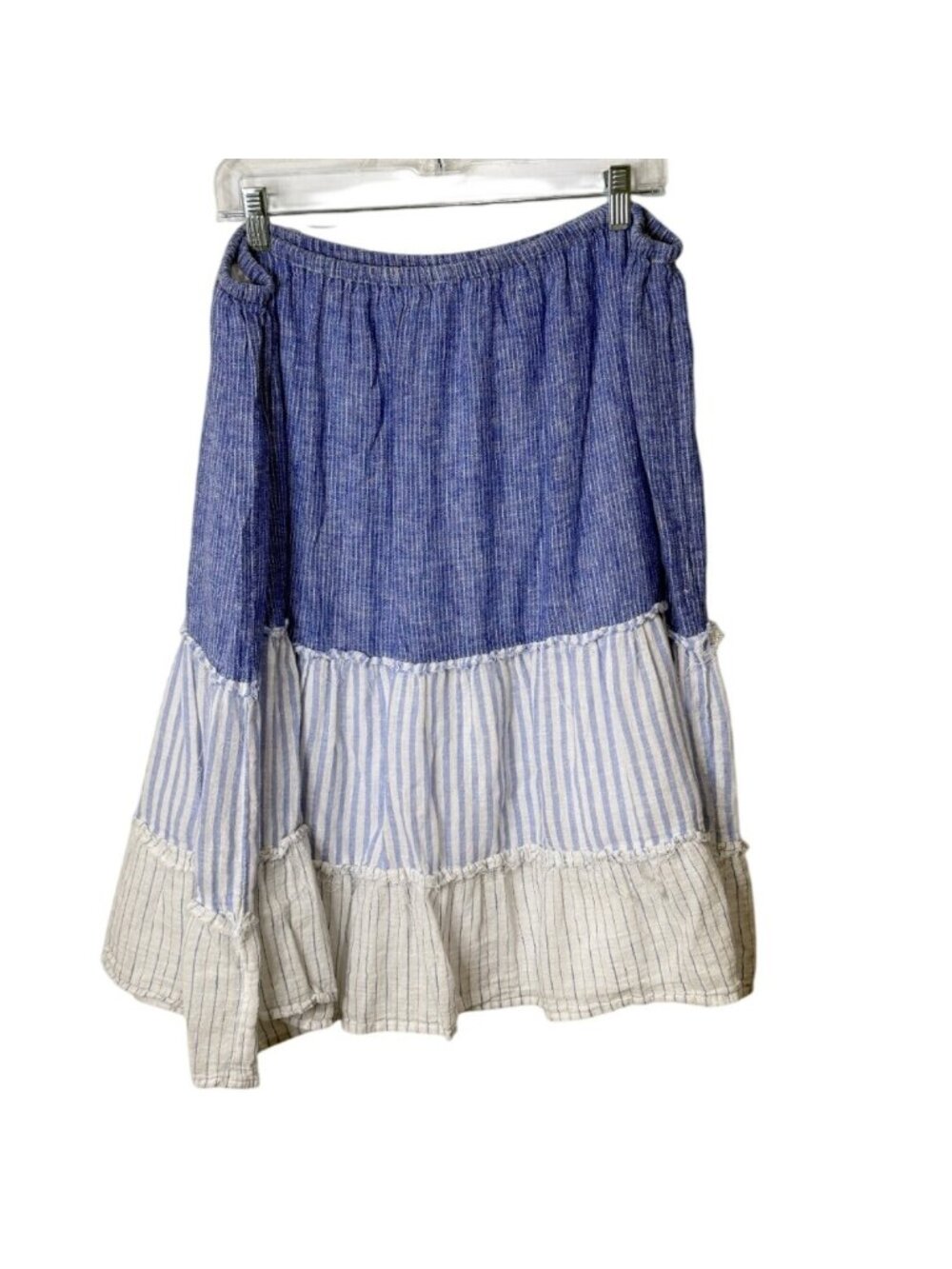 Rails Womens Size L Skirt Blue White Striped Tiered Linen Blend Boho Cottage - Picture 3 of 8
